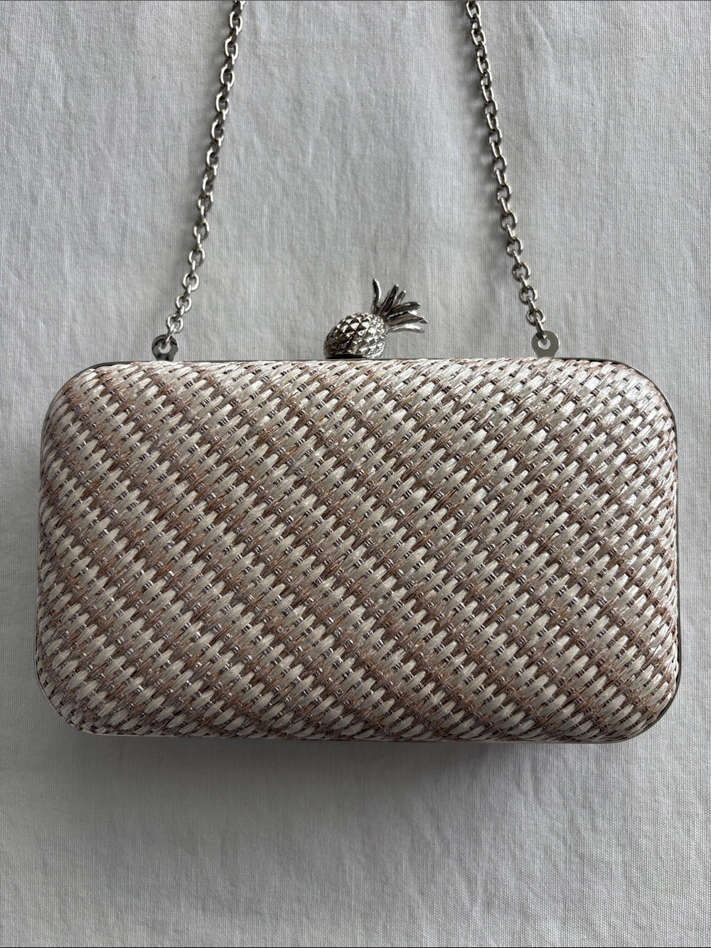 Pineapple Woven Cream Taupe Silver Evening Clutch with Chain Strap by La Regale